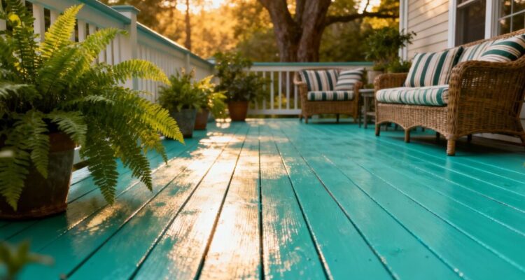 Newly painted deck with plants and furniture.
