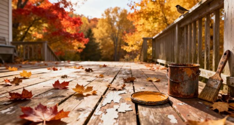 Autumn deck maintenance with leaves and paint supplies.