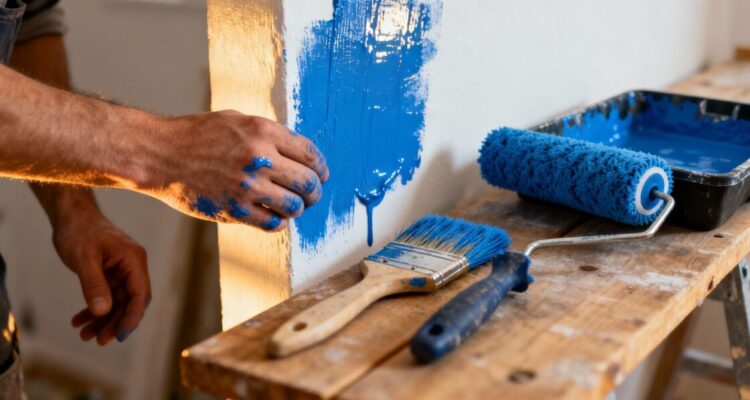 Painter applying blue paint to a wall with tools.