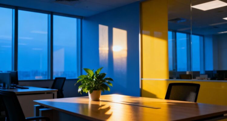 Office with blue and yellow colors, natural light, and plants.
