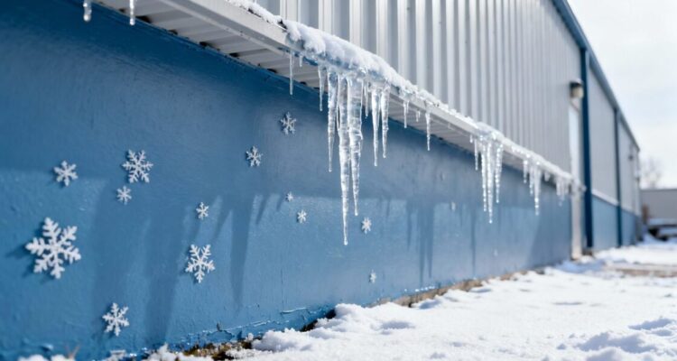 Commercial building exterior paint protecting against winter.
