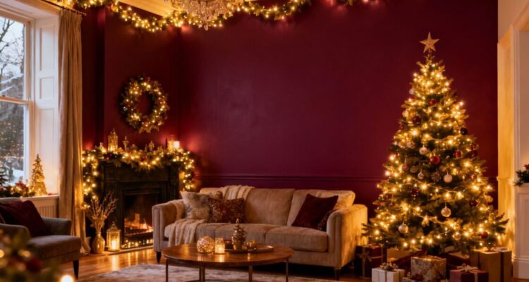 Festive living room with a freshly painted accent wall.