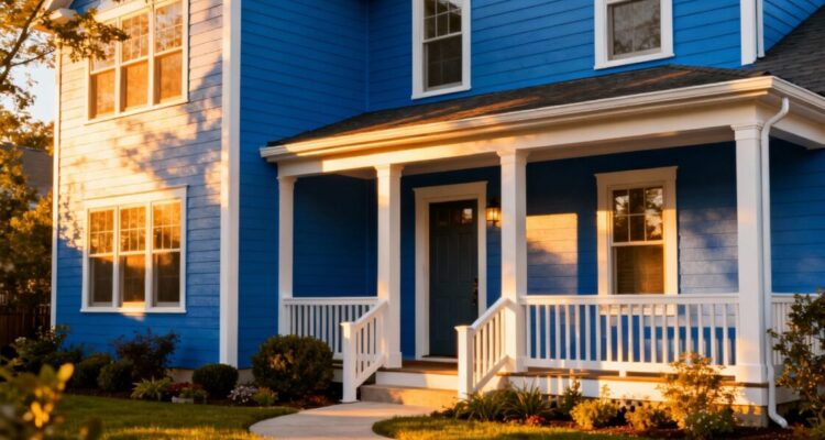 House exterior with blue siding and white trim.