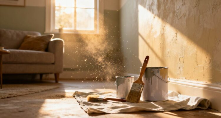 Painting a room indoors with low VOC paint.