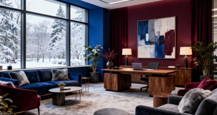 Inviting office interior with trending winter colors.