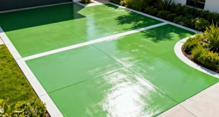 Newly painted driveway with modern design and landscaping.