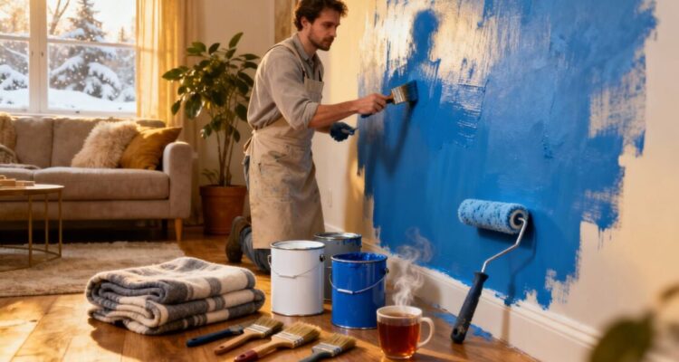 Painter applying fresh paint to a living room wall.