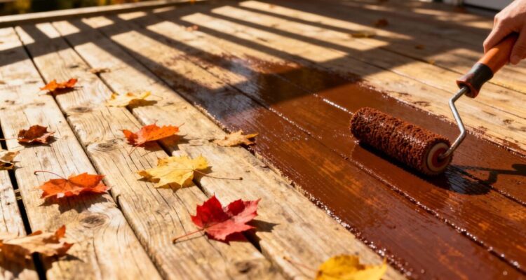 Deck stained for winter with autumn leaves.