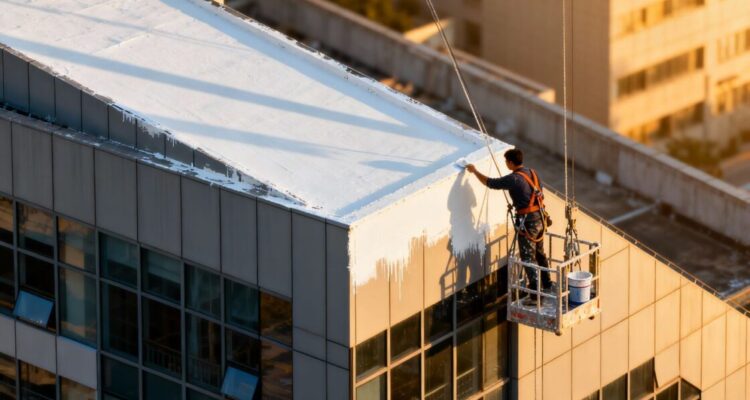 Painter applying paint to commercial building exterior.