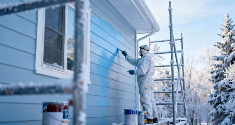House exterior painting in winter with scaffolding.