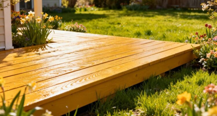 Newly painted deck in spring sunlight with flowers.