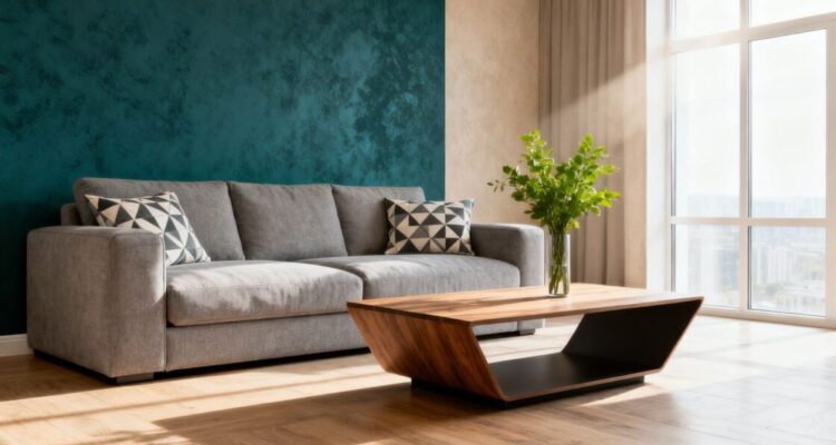 Modern living room interior with stylish accent wall.