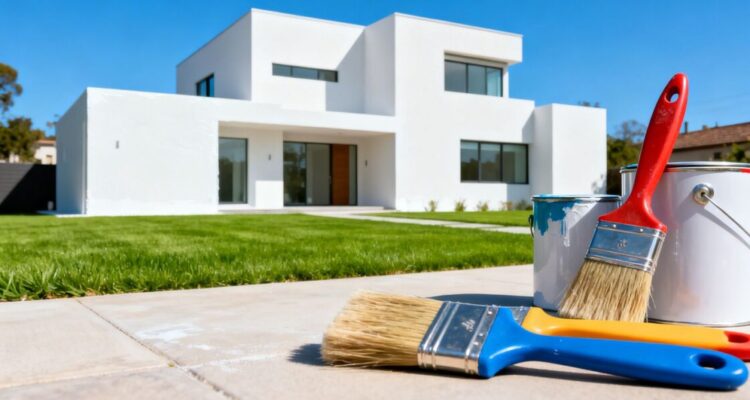 Modern house with fresh paint and painting supplies in foreground.
