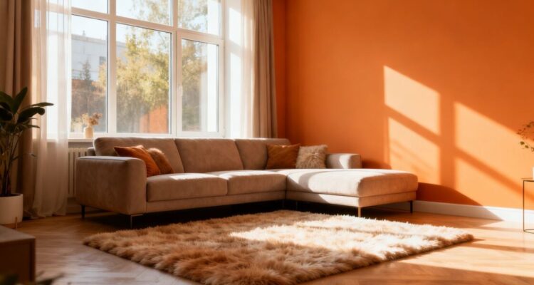 Living room with warm paint and natural light.