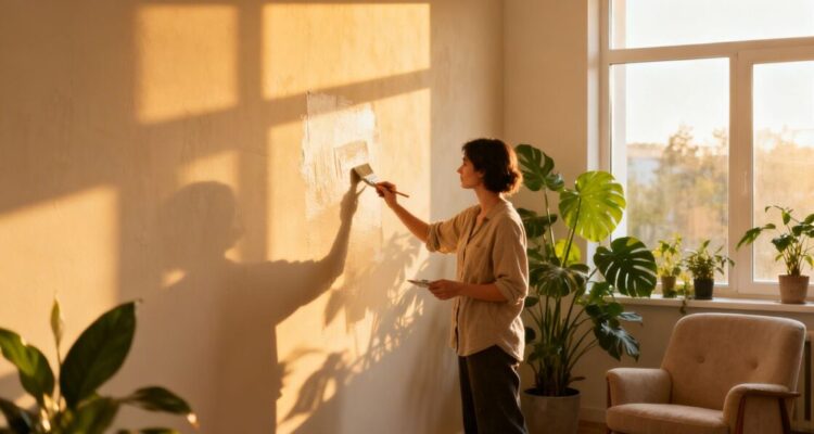 Painting a wall with low VOC paint for allergy comfort.