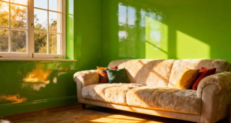 Bright spring interior with glossy green walls.