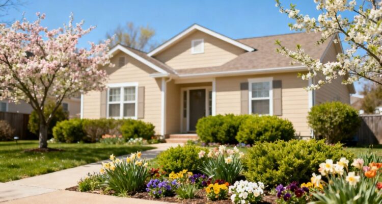 Neutral-painted house with spring flowers and greenery nearby