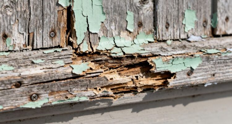 Damaged exterior wood trim needing repair and painting.