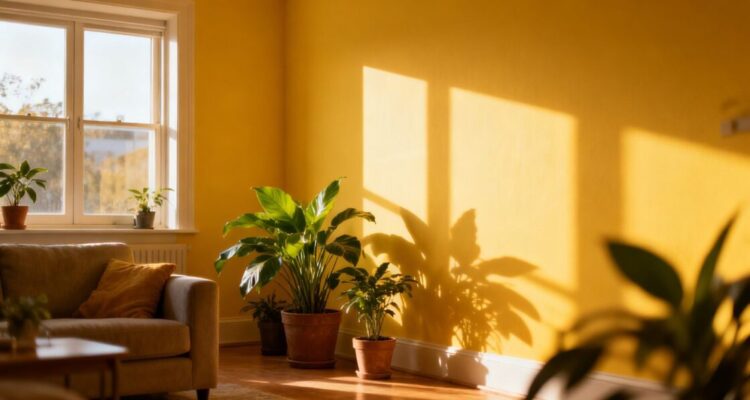 Bright yellow living room walls catching spring light.