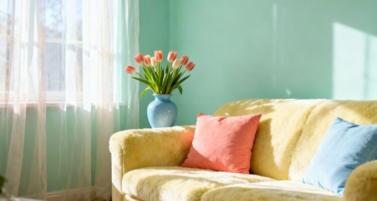 Spring colors in a living room with mint green walls and yellow sofa.