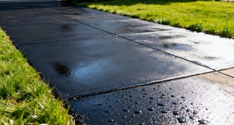 Sealed and painted driveway with water droplets.