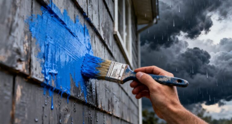 Painter working on house as rain approaches.