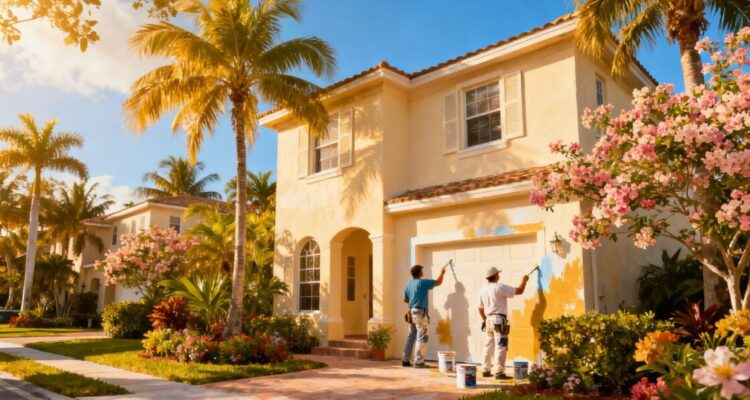 Painters refreshing North Boca Raton home exterior in spring