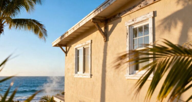 Coastal home exterior with mildew resistant paint.