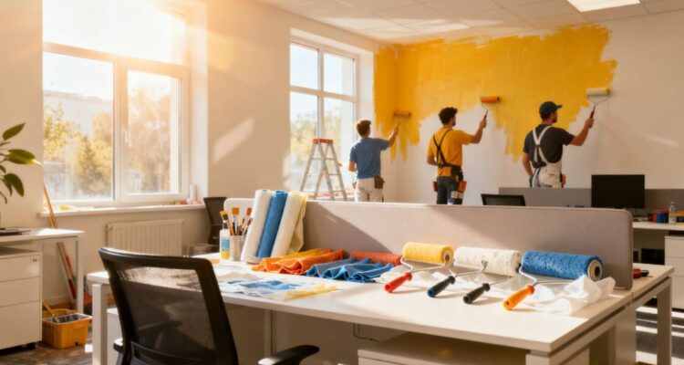 Painters refreshing office walls with new paint.