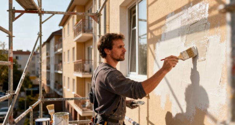Painter working on multi-unit building exterior.