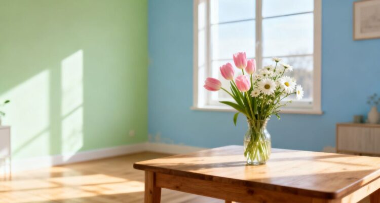 Freshly painted room with spring flowers and natural light.