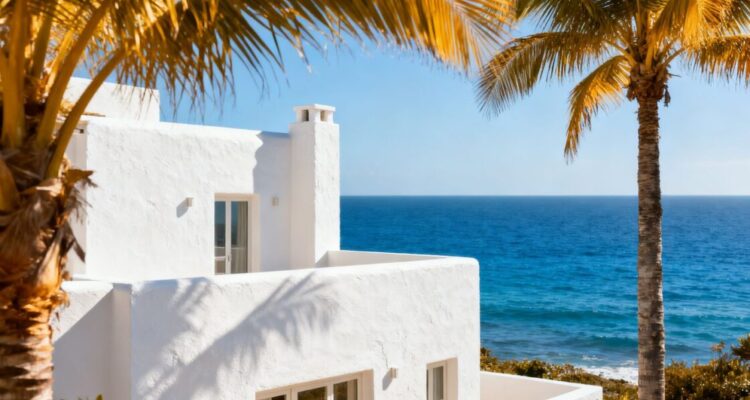 Coastal home with white stucco and ocean view.