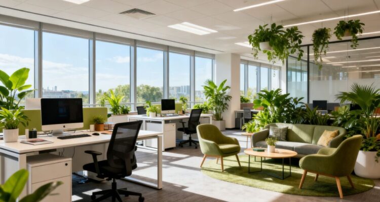 Modern office interior with plants and natural light.