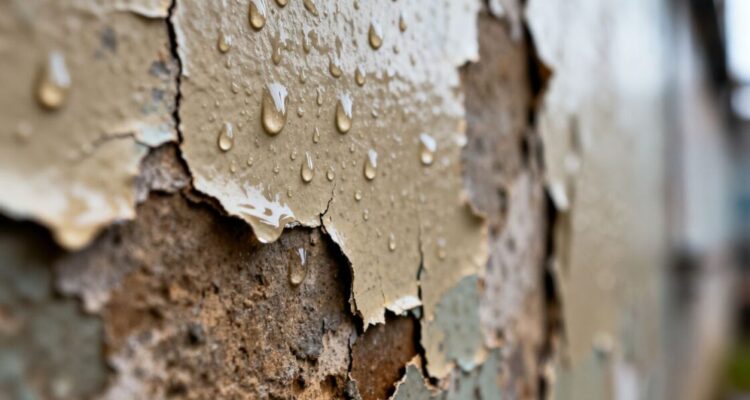 Peeling paint on a damp wall due to humidity.